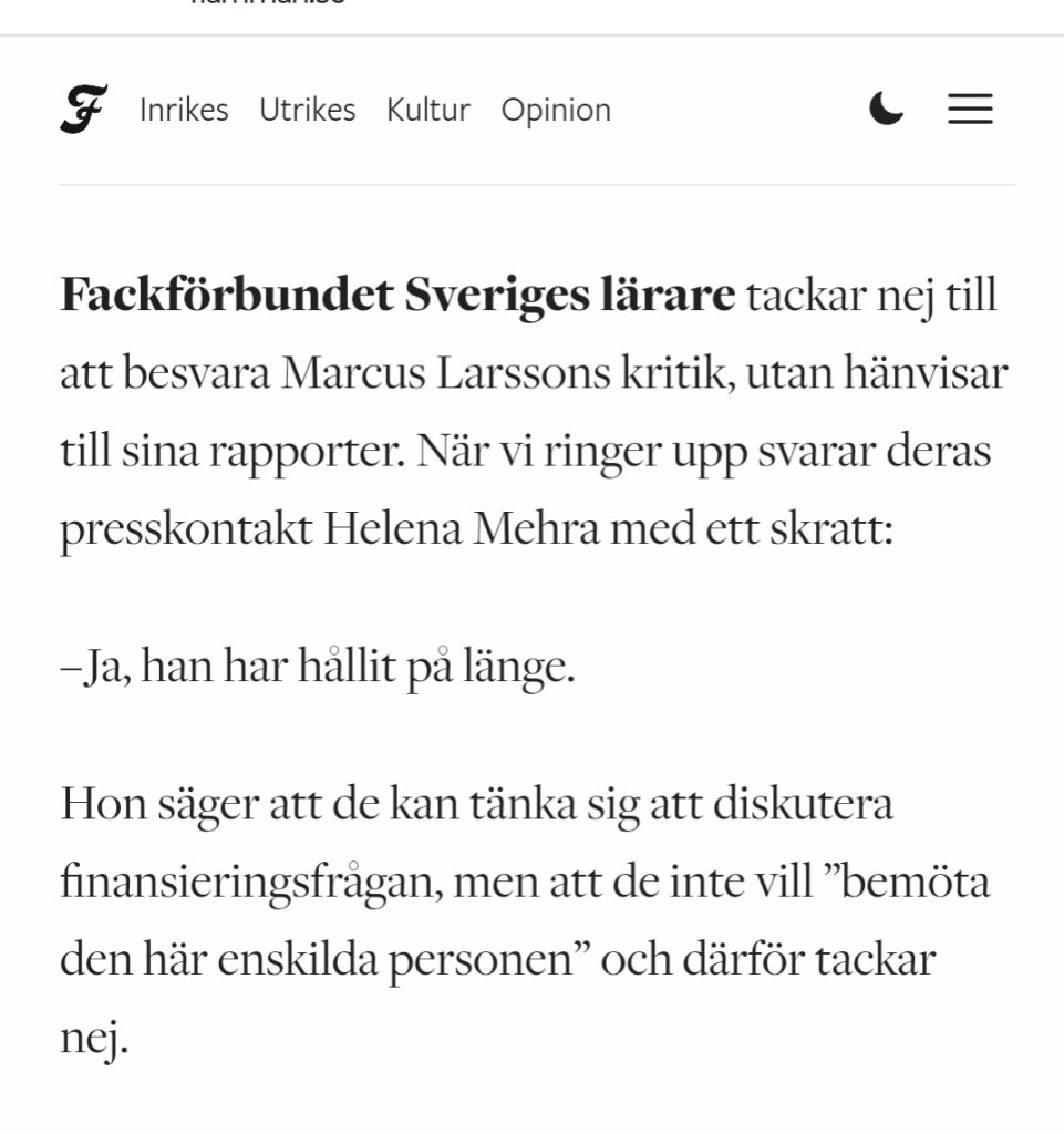 Sveriges lärare vill inte bemöta Marcus Larsson, "den här enskilda personen"