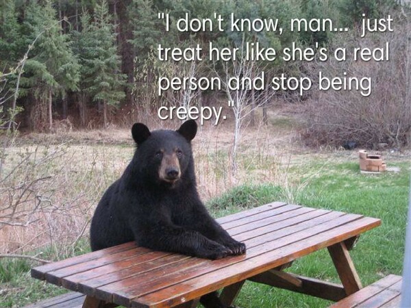 A black bear sitting upright at a wooden picnic table with a forested background. Caption reads: “I don’t know man… just treat here like she’s a real person and stop being creepy.”