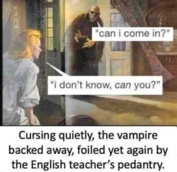 Vampire: Can I come in?
Woman: I don't know, can you?
Narrator: Cursing quietly, the vampire backed away, foiled yet again by the English teacher's pedantry.